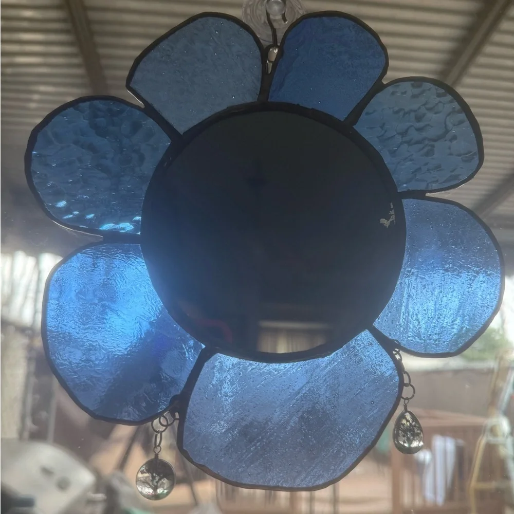 Blue Stained Glass Flower Mirror with charms